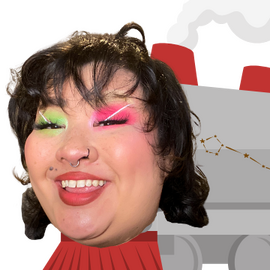 A cropped image of Clore's face, smiling, on a grey and red train, with the Pisces constellation printed on it.